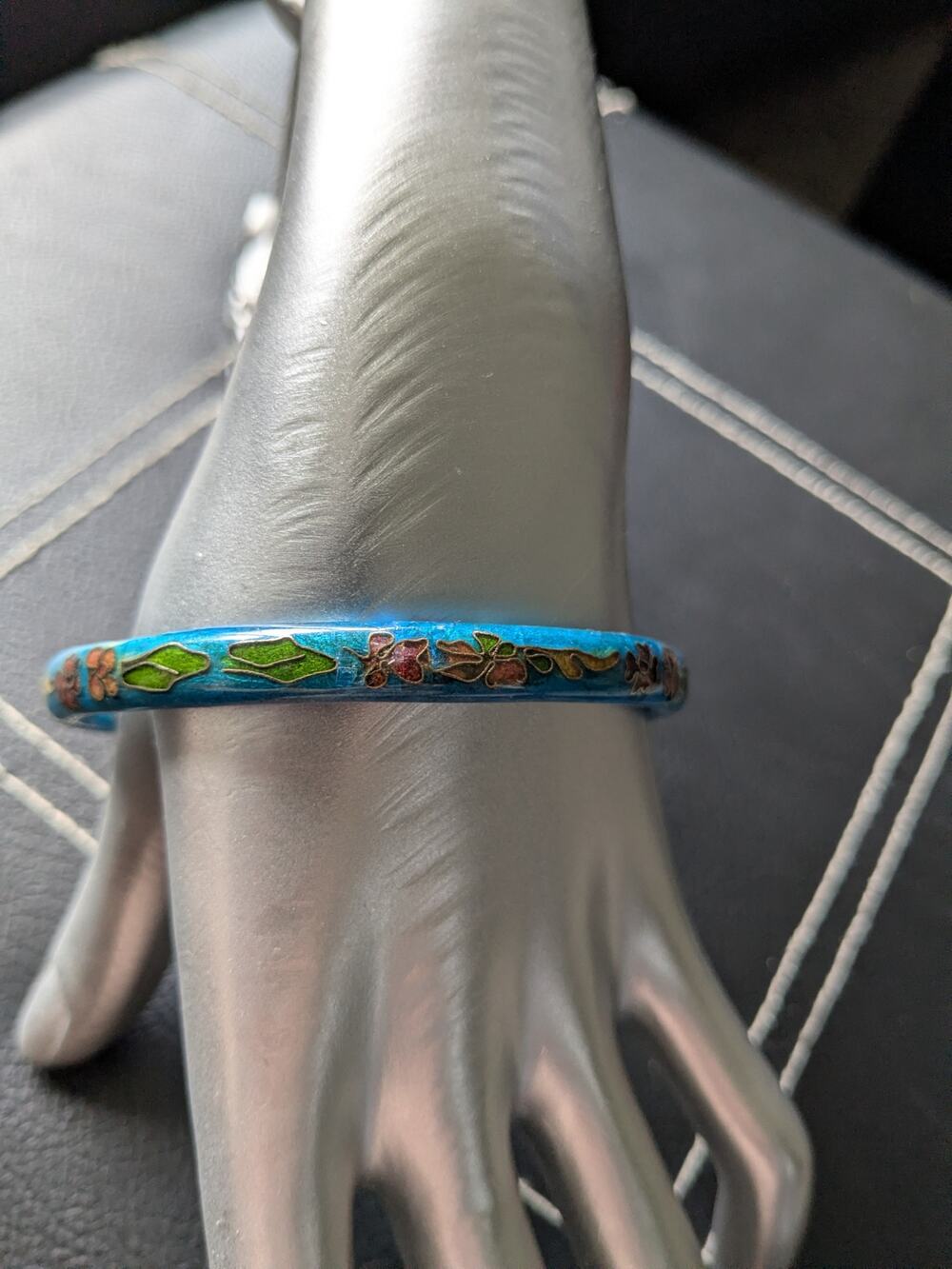 Teal Blue Cloisonne Floral Enamel Bangle Bracelet